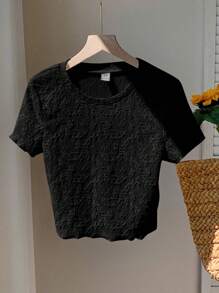 Comfortcana 加大码女式花卉提花圆领短袖休闲T恤，假日女装 - 黑色 - 查看 3