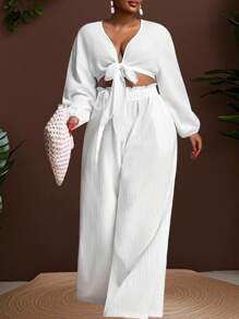 Veslaya Bộ đồ thể thao cỡ lớn đa năng, dễ phối đồ, thích hợp đi biển, gồm áo tay dài thắt nơ phía trước và quần ống rộng. - trắng - Xem 3