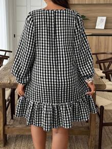 EMERY ROSE Plus Size Casual Plaid Floral Decor Dress, Asymmetrical Floral Cutout Fall Cloth For Women - Multicolor - View 2