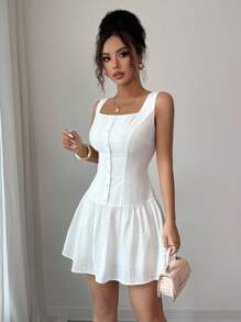 Rafferiza 优雅时尚修身圆领荷叶边下摆休闲通勤女士短款连衣裙，夏季 - 白色 - 查看 6