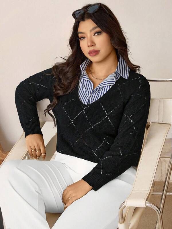 Zelara Plus Size Spring/Autumn Casual Solid Color V-Neck Sweater For Autumn & Winter Navycore Outfits