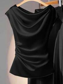 Franclia 女式纯色黑色荷叶边领时尚优雅衬衫 - 黑色 - 查看 4