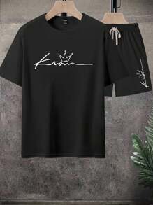 Manfinity Homme 男士休闲字母印花T恤和短裤套装，夏季