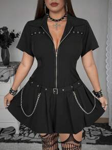 SHEIN Whyspr 大码深色款式褶边连衣裙