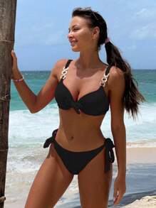 Swim Vcay Summer Beach Vacation Style Solid Color Chain & Bow Decor Black Bikini Set - Black - View 3