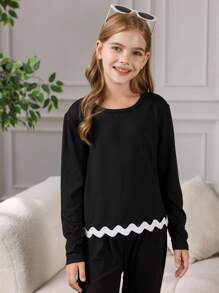 Set de camiseta y pantalones de cinta de color contrastante casual para niña preadolescente - Negro - Ver 4