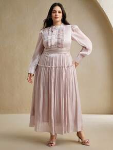 Anewsta Plus Size Women Long Patchwork Ruffle Hem Elegant Versatile Dress - Red Violet - View 4