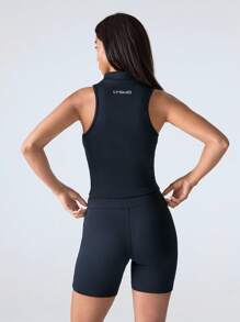 LYSMO 2025 New Arrival Women's Solid Color Sleeveless Half-Zip Tank Top + Shorts Two-Piece Set, Slim Fit, Outdoor Athletic Style, Minimalist Casual, High-Stretch Yoga Fabric, Yoga Outfit, Gym Outfit, Body-Flattering Design - Navy Blue - View 2