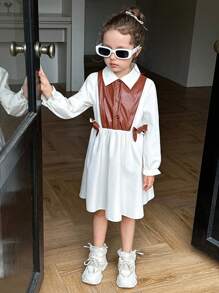 Elladie kids Đầm ngắn tay dài cổ bẻ vai thường ngày, cạp cao, chất liệu PU, phối họa tiết nơ, thích hợp cho bé gái đi học mùa thu. - Cà phê - Xem 3