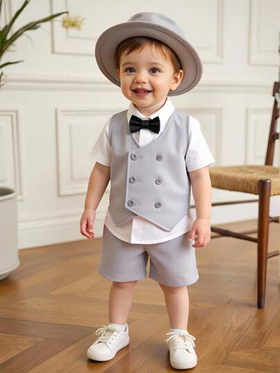 2 件套婴幼儿服装 - 浅灰色无袖背心，方领纽扣和配套松紧腰短裤，可调节肩带，适合派对、生日、表演