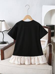 Young Girl Knit Patchwork Ruffle Hem Casual Short Sleeve Dress Young Girl Clothes Summer, Girls School Uniform, School Tops, Tops For School - Multicolor - View 2