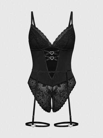 Heart Lace Trim Heart Metal Ring Steel Circle Crotchless Suspender Sexy Bodysuits Lingerie Set