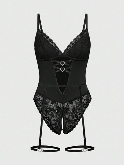 Heart Lace Trim Heart Metal Ring Steel Circle Crotchless Suspender Sexy Bodysuits Lingerie Set