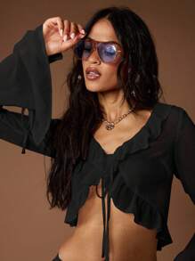 MISSGUIDED Long Sleeve Ruffle Blouse Cropped V Neck Summer Beach Boho Festival Occasion Top With Adjustable Front Tie Sheer Sleeves Flowy Chiffon - Black - View 5