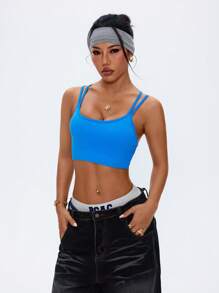 SHEIN Sovereign Charm 无缝高弹力哑光尼龙运动文胸，性感露背瑜伽文胸 - 藍色 - 查看 5