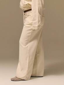 MUSERA 加大码米色水洗对比缝线阔腿牛仔裤可爱夏日假期优雅浪漫曲线农舍秋季