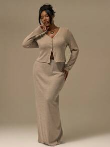 MUSERA Plus Size Maxi Knit Skirt Cute Summer Holiday Elegant Vacation Romantic Curve Farmhouse Spring - Khaki - View 1