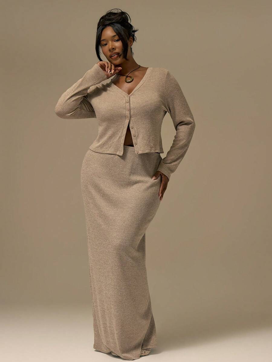 MUSERA Plus Size Maxi Knit Skirt Cute Summer Holiday Elegant Vacation Romantic Curve Farmhouse Spring - Khaki - View 1
