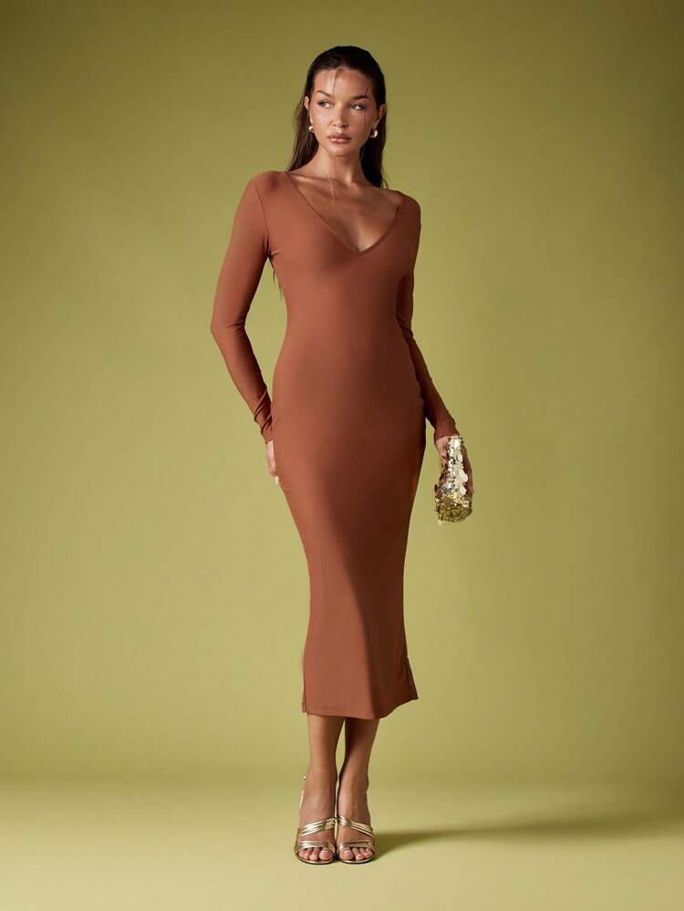 MISSGUIDED Long Sleeve Plunge Neck Fitted Midi Dress