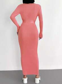 EURMUSE Women's Autumn Simple Solid Color Keyhole Neck Bodycon Belted Sweater Dress - Coral Pink - View 5
