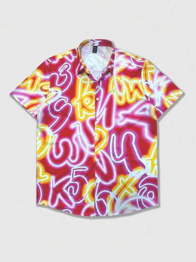 Street Life Herren Sommer Mode Hemd mit Buchstaben-Muster und asymmetrischem Schnitt (Kurzarm)