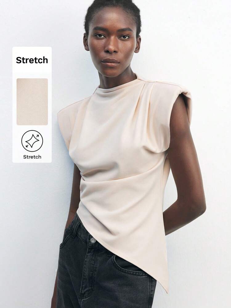 SHEIN Maija Women's Apricot Asymmetrical Hem Stand Collar Casual Top, Versatile Business Casual Office Teacher Business Casual Work Wear, Going Out Top