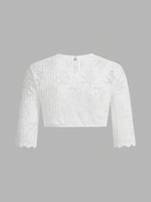 SHEIN Frenchy 女士百搭性感蕾丝啤酒节短上衣（女士）女士蕾丝边短袖上衣、女士纯色简约日常镂空蕾丝边短袖衬衫、啤酒节连衣裙、啤酒节服装、白色上衣、啤酒节、蕾丝短款上衣白色短款上衣女装夏季短款上衣女装