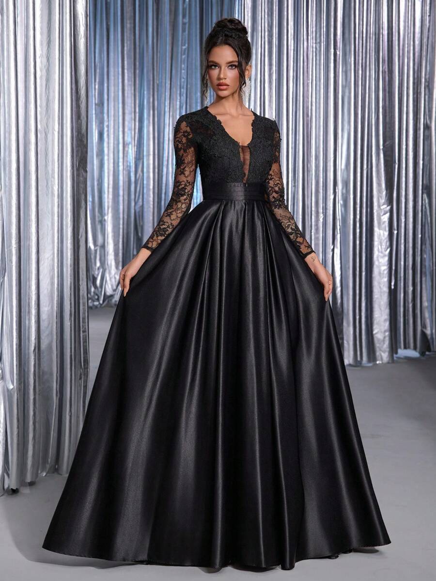 Glamrae Elegant, Luxurious Embroidered Applique Stretchy Lace Long Sleeve Satin Ruffle Maxi Dress With Train, Suitable For Wedding, Party, Singles Party, Vacation, Prom, Bridal Gown - Black - View 1