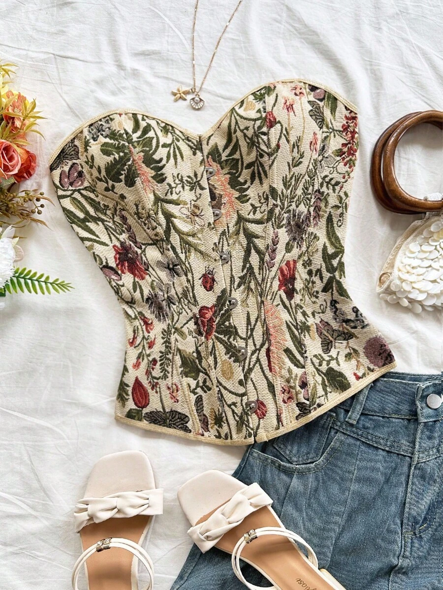 Soleia 波西米亚风、浪漫花卉、度假风、花卉图案女式抹胸上衣，适合返校、早午餐、生日等场合，也适合外出、约会、工作、锐舞派对等秋季活动。 - 彩色 - 查看 1