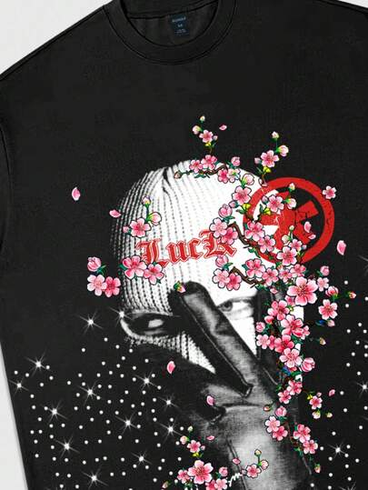 Street Life Scopa corta a T con scollo rotondo e grafica a portafortuna, adatta per primavera/soffiatore