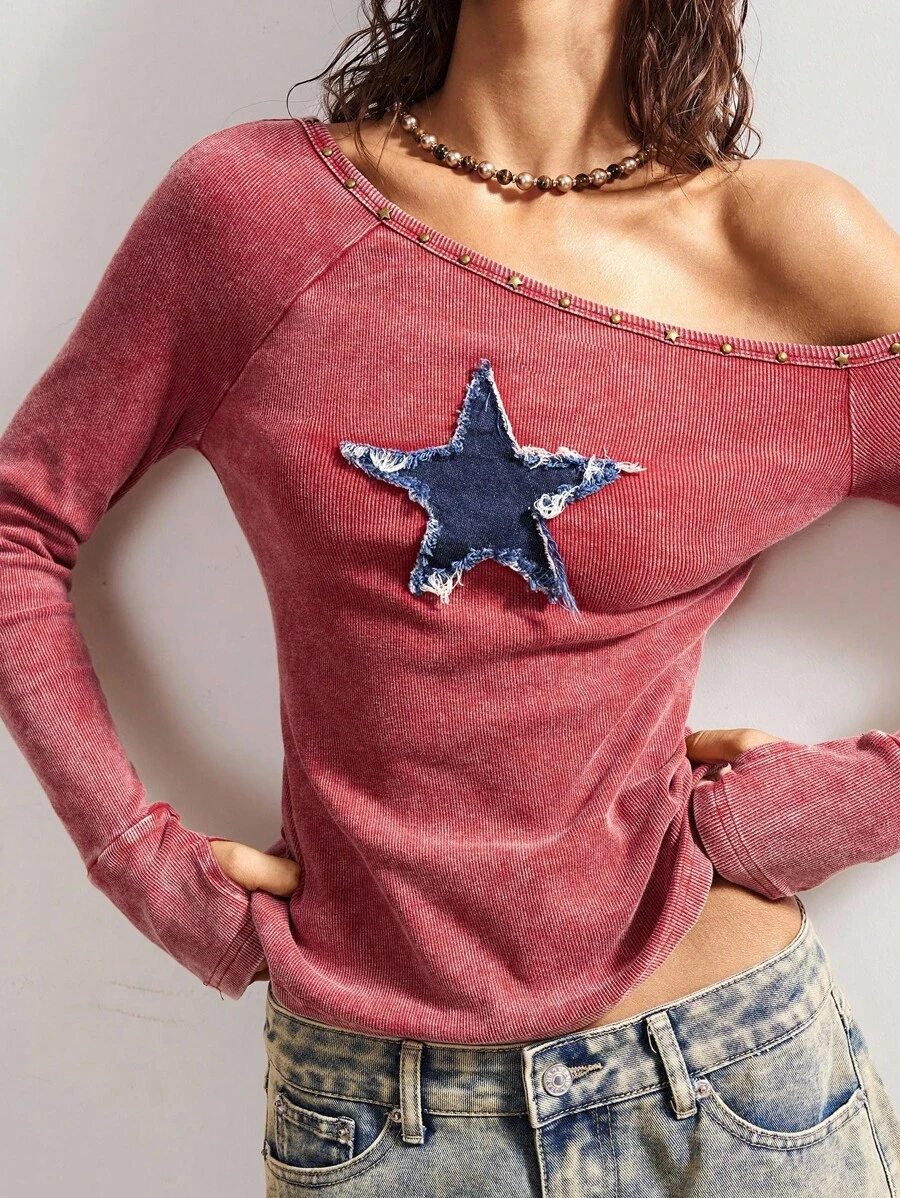 Bohemela Boho Vintage American Casual Star Pattern Knit Oblique Shoulder Slim Fit Washed Women T-Shirt - Red - View 1