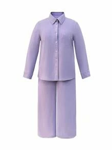 NostaNoir Women's Plus Size Solid Color Long Sleeve Single-Breasted Shirt And Wide Leg Pants Casual 2-Piece Set Fall Cloth For Women - Mauve Purple - View 3