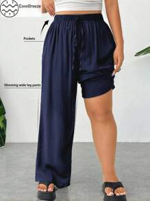SHEIN EZwear Plus Size Casual Solid Color Straight Leg Pants,Fall Clothes For Women - Navy Blue - View 1