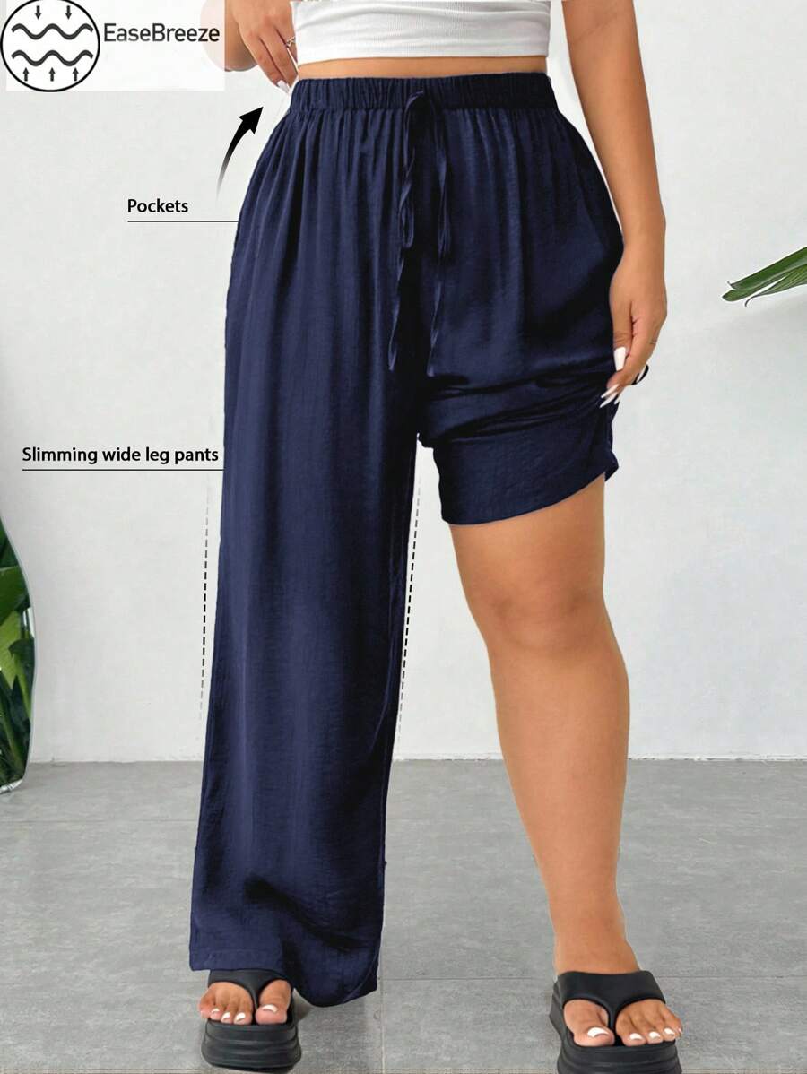 SHEIN EZwear Plus Size Casual Solid Color Straight Leg Pants,Fall Clothes For Women - Navy Blue - View 1