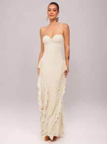 Silquee 红色纯色性感优雅细肩带多层荷叶边鱼尾露背金属纽扣 3D 花卉丝带连衣裙，适合鸡尾酒会、浪漫约会、针织网眼连衣裙、派对、正式聚会、伴娘迷你连衣裙、晚礼服、万圣节连衣裙、圣诞节连衣裙、超长连衣裙 - 杏色 - 查看 6