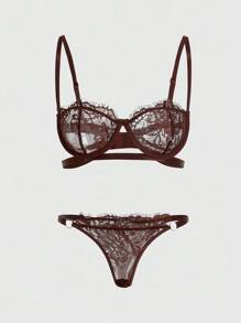 Charlaine Eyelash Lace Underwire Sexy Lingerie Set - Coffee Brown - View 5