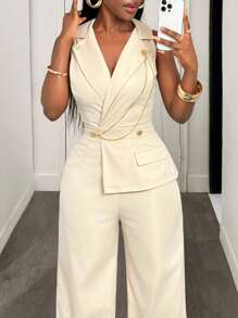 BamGleam 时尚性感西装领金链休闲阔腿女式连体裤 - 杏色 - 查看 8