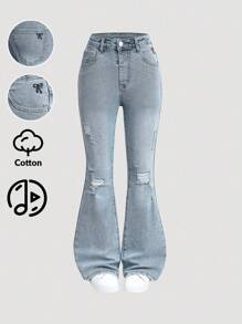 Sparklyn Quần jeans ống loe giặt họa tiết thêu bướm cổ điển cho bé gái, thiết kế ôm sát, ống quần dài, quần ống loe co giãn - Rửa nhẹ - Xem 1