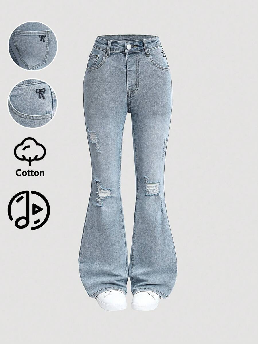 Sparklyn Quần jeans ống loe giặt họa tiết thêu bướm cổ điển cho bé gái, thiết kế ôm sát, ống quần dài, quần ống loe co giãn - Rửa nhẹ - Xem 1