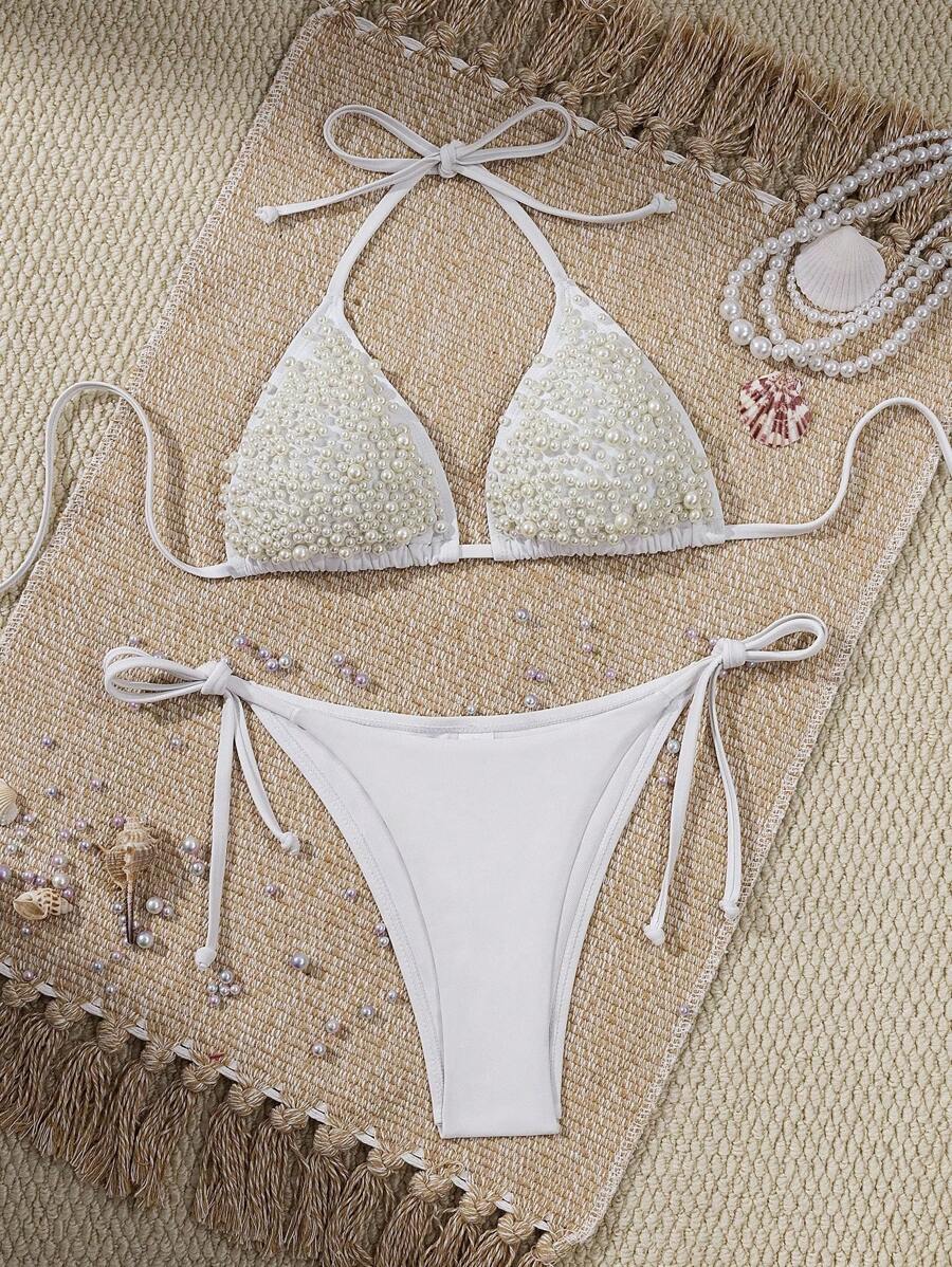 Swim Vcay 2 件套女士泳衣，全新夏季纯色吊带露背串珠性感比基尼套装 - 白色 - 查看 1