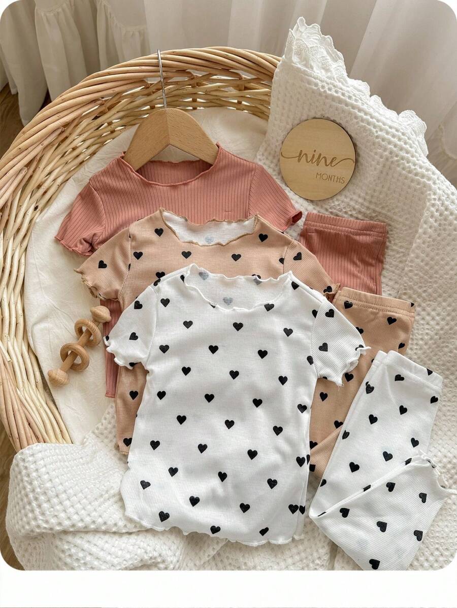 6pcs Baby Girl Baby Girl Heart Pattern Ruffle Trim Round Neck Short Sleeve Soft Pajama Set - Multicolor - View 1