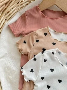 6pcs Baby Girl Baby Girl Heart Pattern Ruffle Trim Round Neck Short Sleeve Soft Pajama Set - Multicolor - View 4