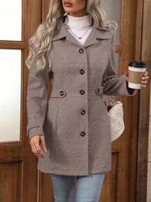 EMERY ROSE 女士休闲日常通勤单排扣羊毛大衣，秋冬 - 淺灰色 - 查看 1