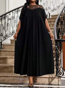 SHEIN Lady Vestido casual de unicolor con mangas de murciélago tejidas en contraste con malla, adecuado para outfits de crucero de verano para mujer, tallas grandes, apto para primavera, verano, otoño e invierno