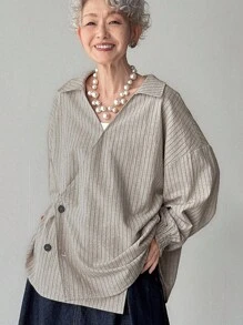 FRIFUL Women's Striped Fabric Oblique Collar Button Cuff Gathered Workmanship Loose Casual Versatile Regular Jacket, Autumn