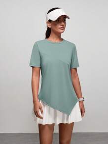 SHEIN Sports Damen T-Shirt mit einfarbigem rundem Kragen, kurzen Ärmeln und asymmetrischem Saum für den Outdoor-Bereich