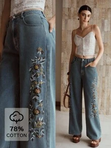 MOTF PREMIUM EMBROIDERY FLORAL PATTERN SLANT POCKET WIDE LEG JEANS - Blue - View 1