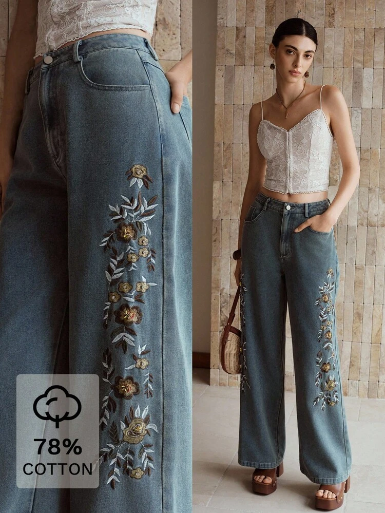 EMBROIDERY FLORAL PATTERN SLANT POCKET WIDE LEG JEANS
