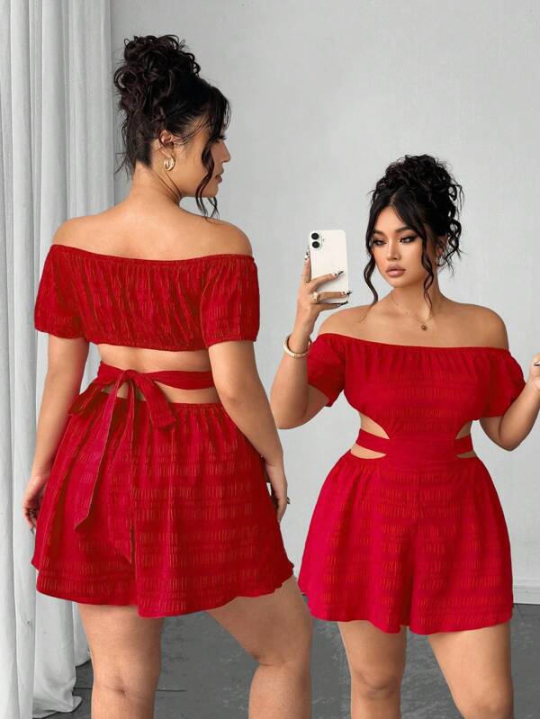 Elenzga Mono de hombros descubiertos con textura francesa para mujer talla grande