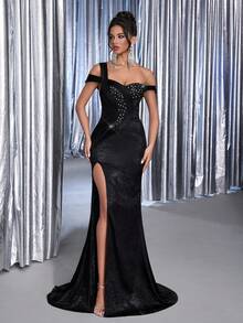 Glamrae Elegante Top de satén con bordado de lentejuelas negras Luxurious con diseño Asymde A metric metric, vestido de noche sexy con abertura en el bajo y abertura para mujer